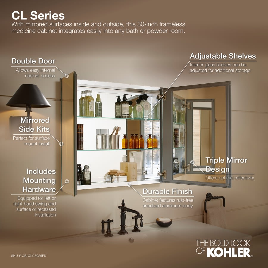 30" x 26" Double Door Reversible Hinge Frameless Mirrored Medicine Cabinet