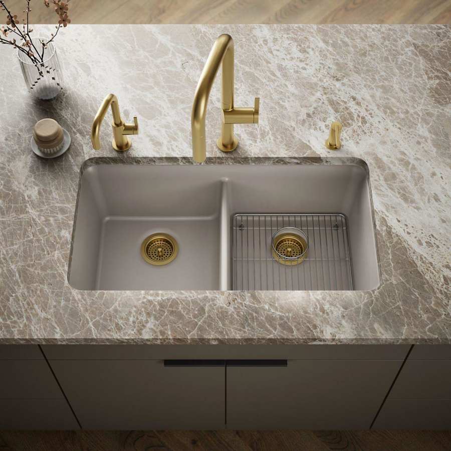 Cairn 33-1/2" Undermount Double Equal Bowl Neoroc Granite Composite Kitchen Sink with Right Sink Rack Included