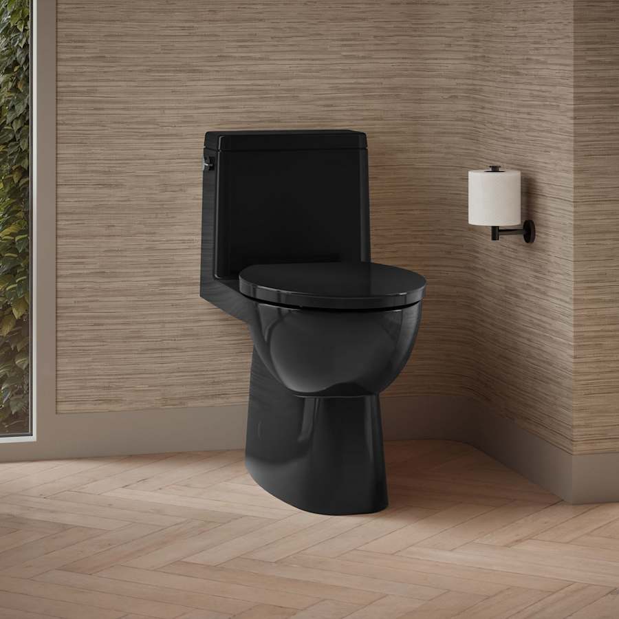 Reach 1.28 GPF One-Piece Compact Elongated Chair Height Toilet with Skirted Trapway and Left Hand Trip Lever - Seat Included