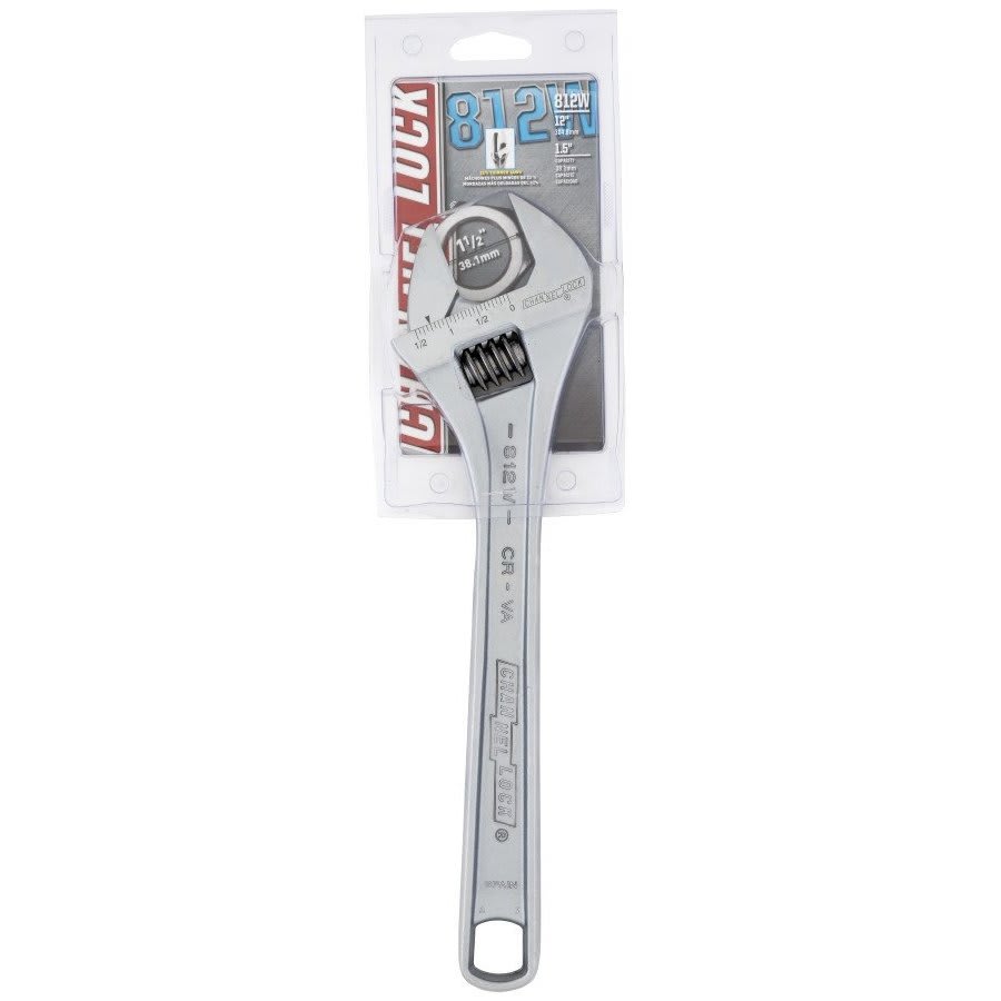 12 in, Adjustable Wrench, Wide, Chrome
