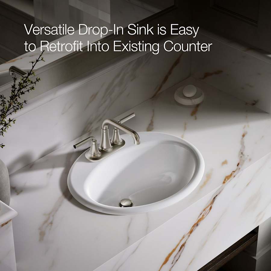 Farmington 19-1/4" Oval Cast Iron Drop In Bathroom Sink with Overflow and 3 Faucet Holes at 4" Centers