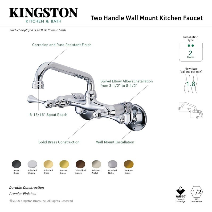 Kitchen Faucet, Wall Mount, ADA, 2 Lever Handle, 2-Hole, Polished Chrome