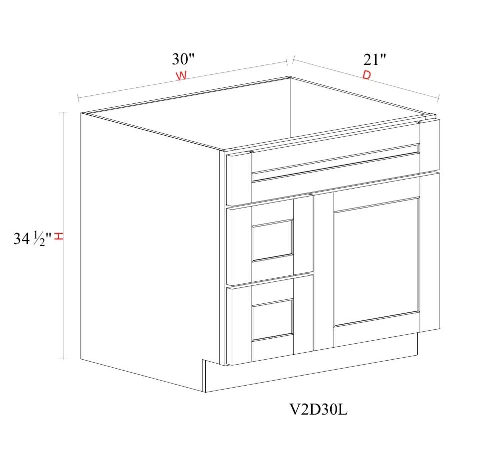 Vanity Sink Base Cabinet with Drawers Left - 30"W x 34- 1/2"H x 21"D