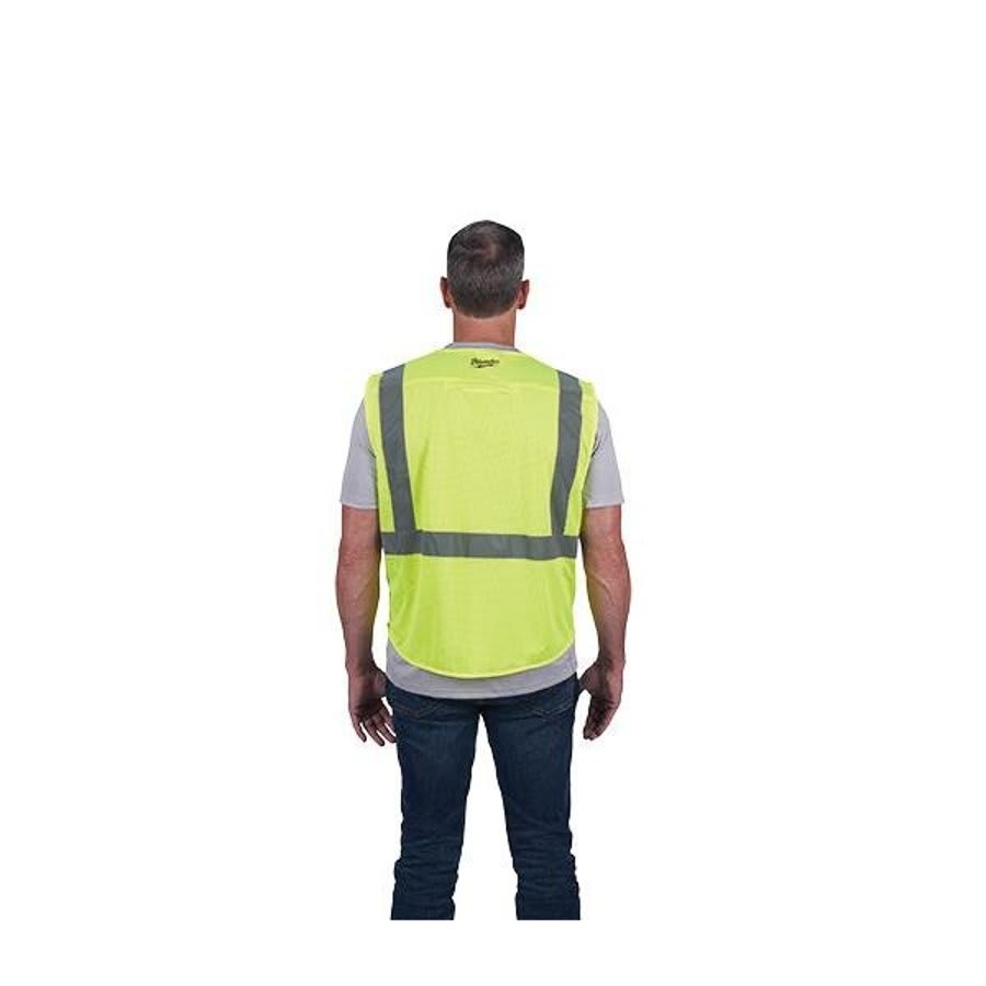 Non-Breakaway Mesh Safety Vest, L/XL, Hi-Viz Yellow, 600D Woven, Hook and Loop/Zipper Closure, 9 Pockets, ANSI Class Class 2, ANSI 107-15 Type R