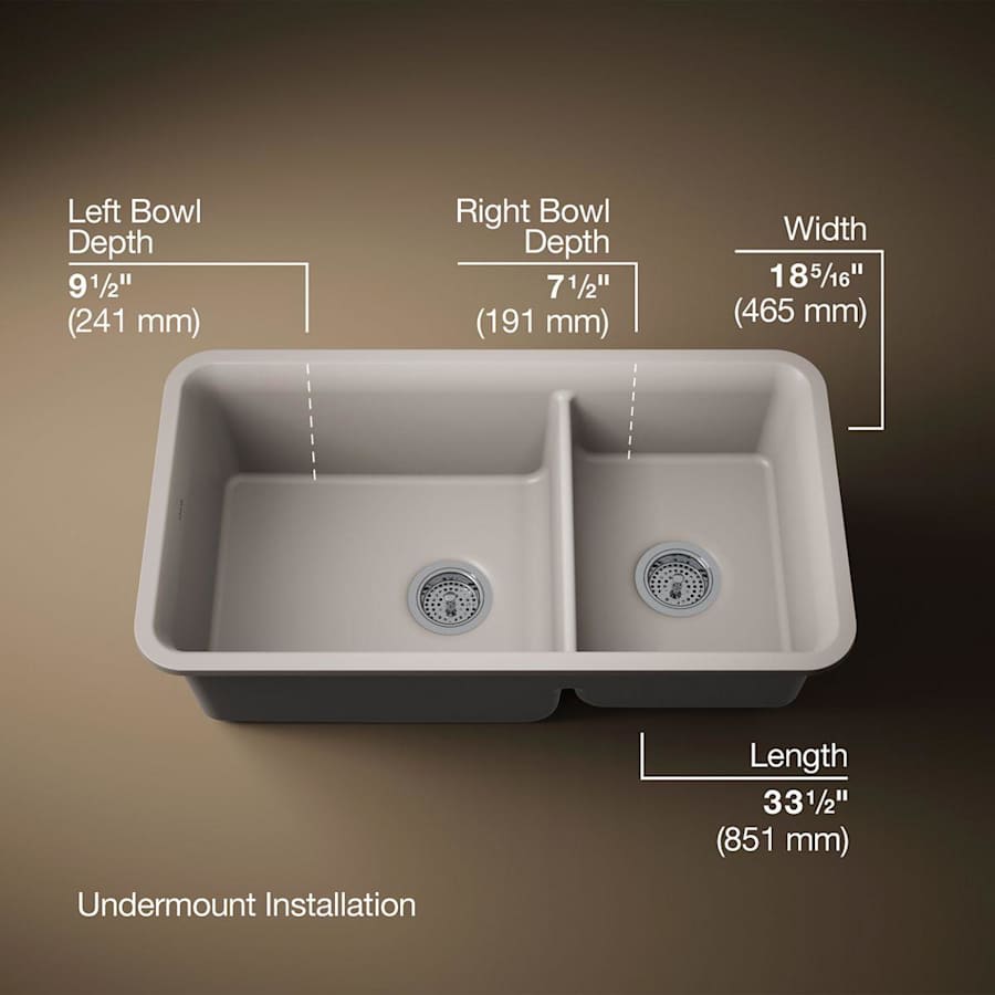 Cairn Slim Divide 33-1/2" Undermount Double Bowl Neoroc Granite Composite Kitchen Sink with Large Bowl Sink Rack