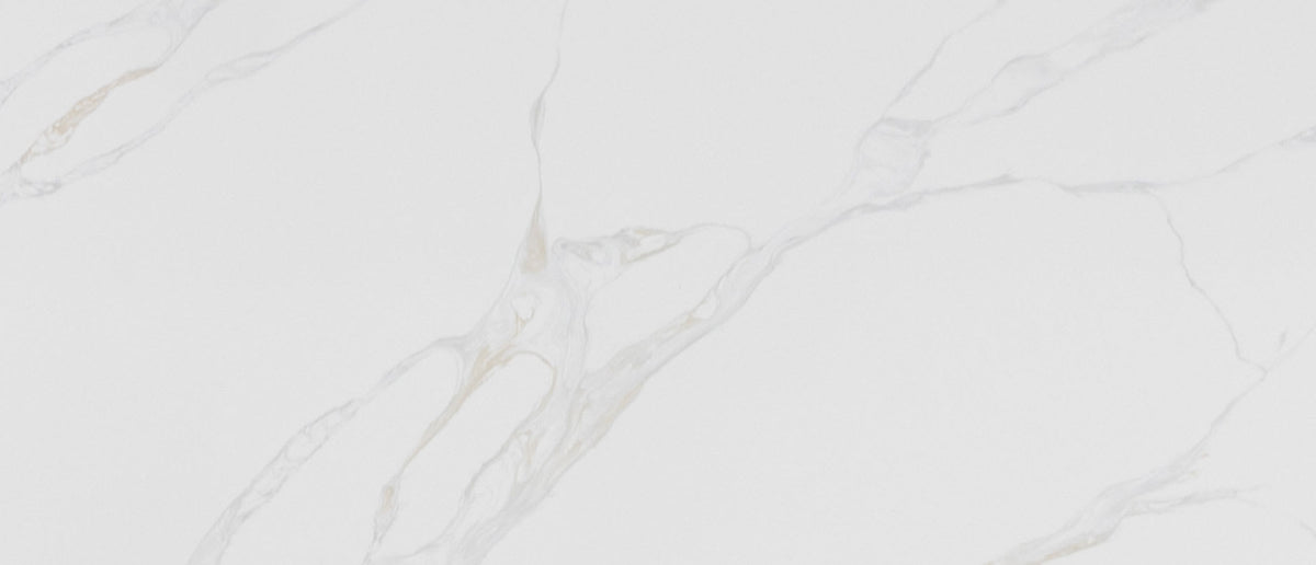 Calacatta Rivessa grey quartz by MSI, light grey background with gentle golden veins.