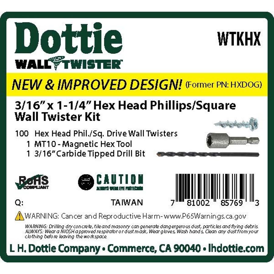 Drywall Screw, 3/16 in, 1-1/4 in L, Hex/Phillips/Square Drive, Zinc Plated