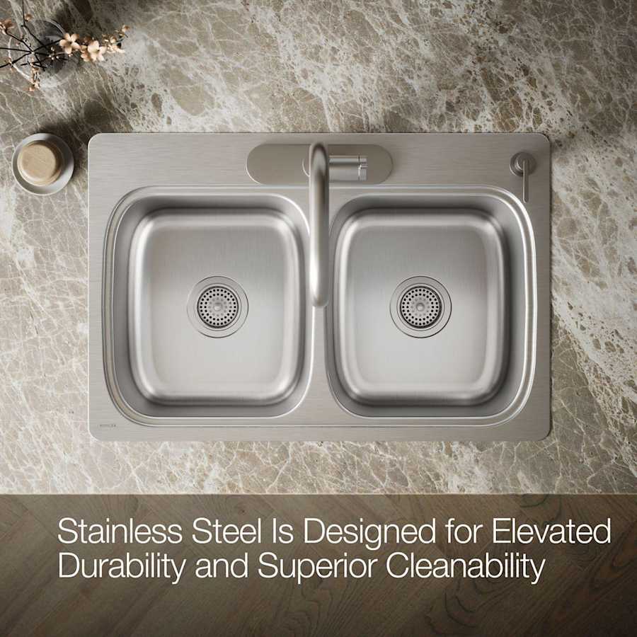Verse 33" Double Basin Drop In Stainless Steel Kitchen Sink With Four Faucet Holes