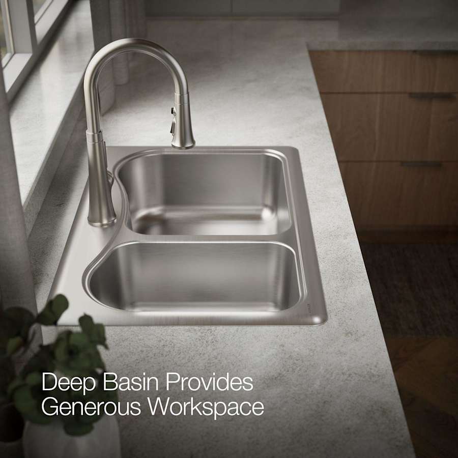 Staccato 33" Double Basin Drop In 18-Gauge Stainless Steel Kitchen Sink with SilentShield, Cutting Board, and Single Faucet Hole