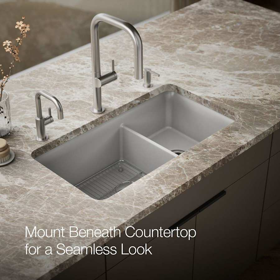 Cairn Slim Divide 33-1/2" Undermount Double Bowl Neoroc Granite Composite Kitchen Sink with Large Bowl Sink Rack