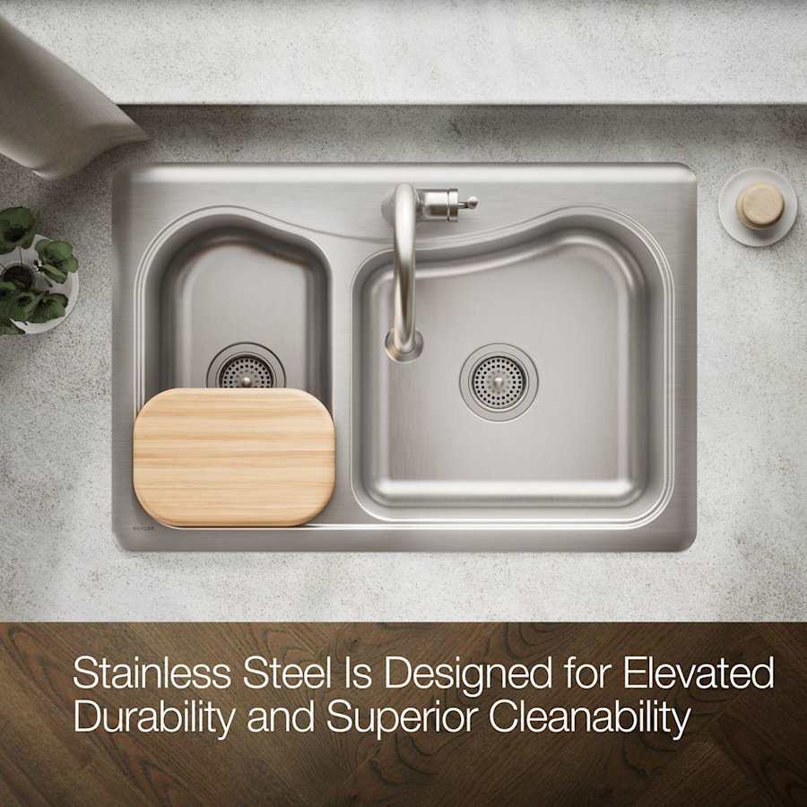 Staccato 33" Double Basin Drop In 18-Gauge Stainless Steel Kitchen Sink with SilentShield, Cutting Board, and Single Faucet Hole