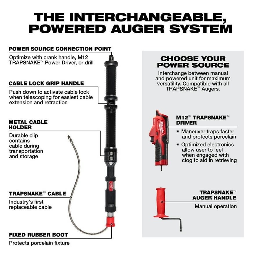 TRAPSNAKE™ Urinal Auger, Black/Red, 4 ft, Metal