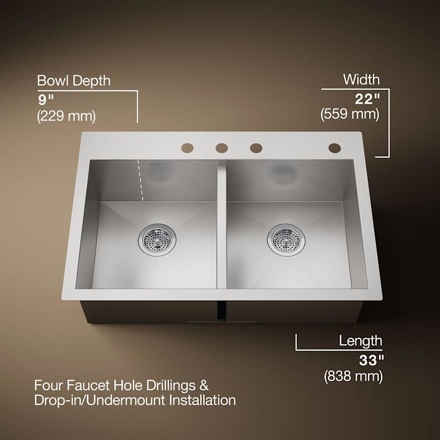 Vault 33" Double Basin Top-Mount/Under-Mount 18-Gauge Stainless Steel Kitchen Sink with SilentShield and Bottom Sink Rack