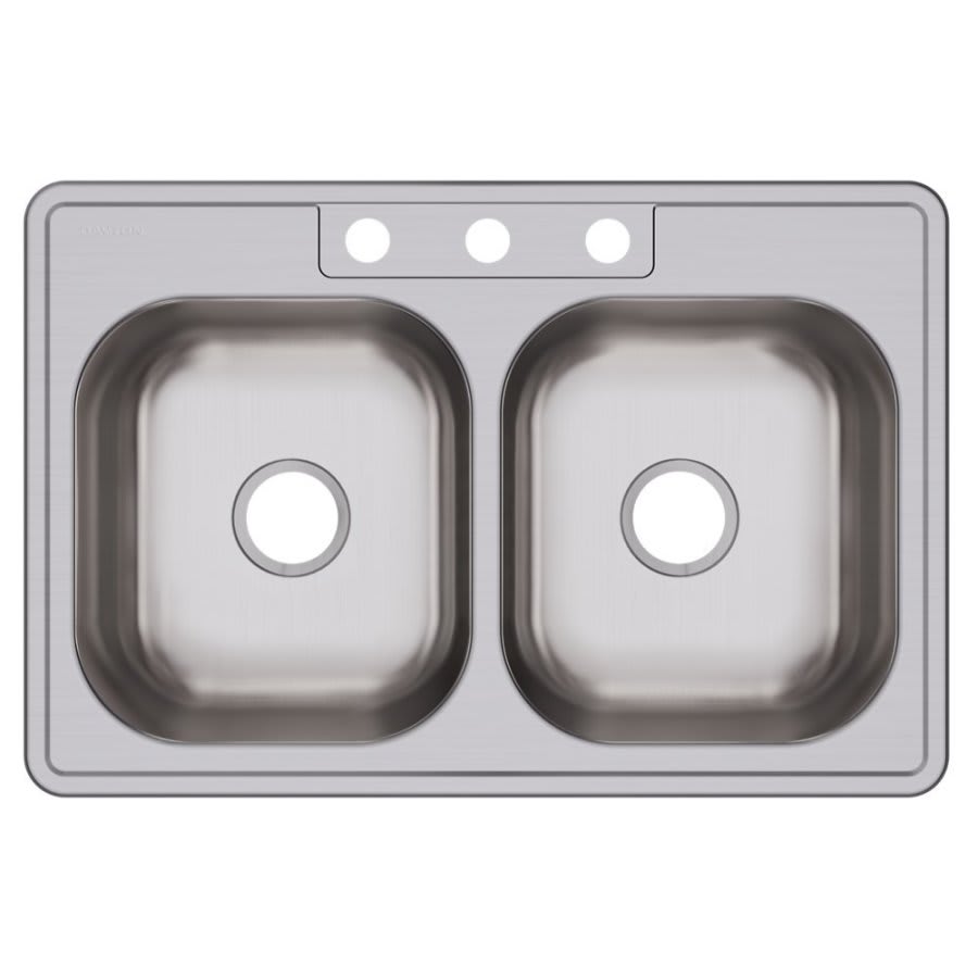 Dayton® Double Bowl Kitchen Sink, Top Mount, 33 x 22 in, 7-7/8 in Bowl Depth, 3-Hole, 20 ga Elite Satin Steel, Stainless