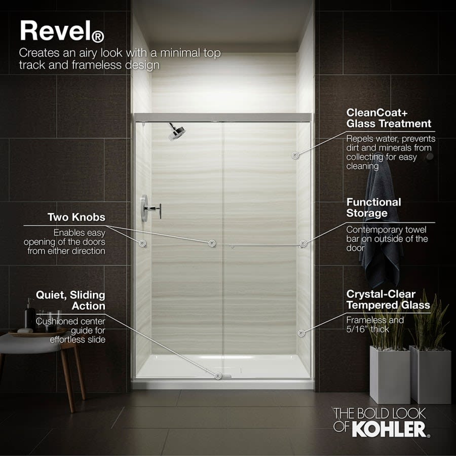 Revel 76â High x 59-5/8" Wide Sliding Shower Door with Crystal Clear Glass, Towel Bar and CleanCoat Technology