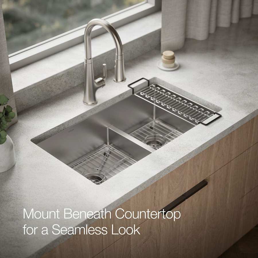 Strive 32" Smart Divide® Under-Mount Large/Medium Double-Bowl Kitchen Sink With Basin Rack