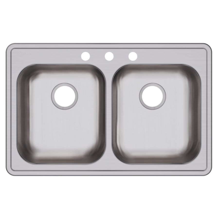 Dayton® Double Bowl Kitchen Sink, Top Mount, ADA, 33 x 21-1/4 in, 5-1/4 in Bowl Depth, 3-Hole, 22 ga Brushed Satin Steel, Stainless