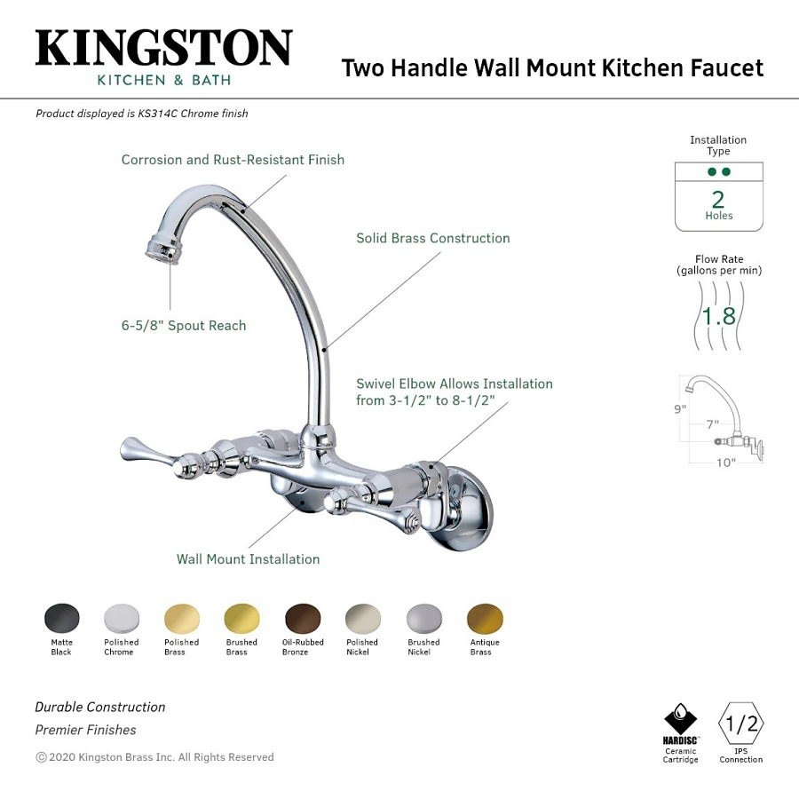 Kitchen Faucet, Wall Mount, ADA, 2 Lever Handle, 2-Hole, Polished Chrome