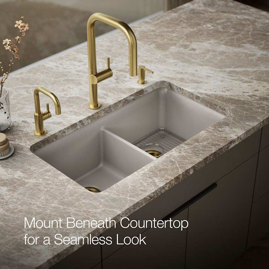Cairn 33-1/2" Undermount Double Equal Bowl Neoroc Granite Composite Kitchen Sink with Right Sink Rack Included