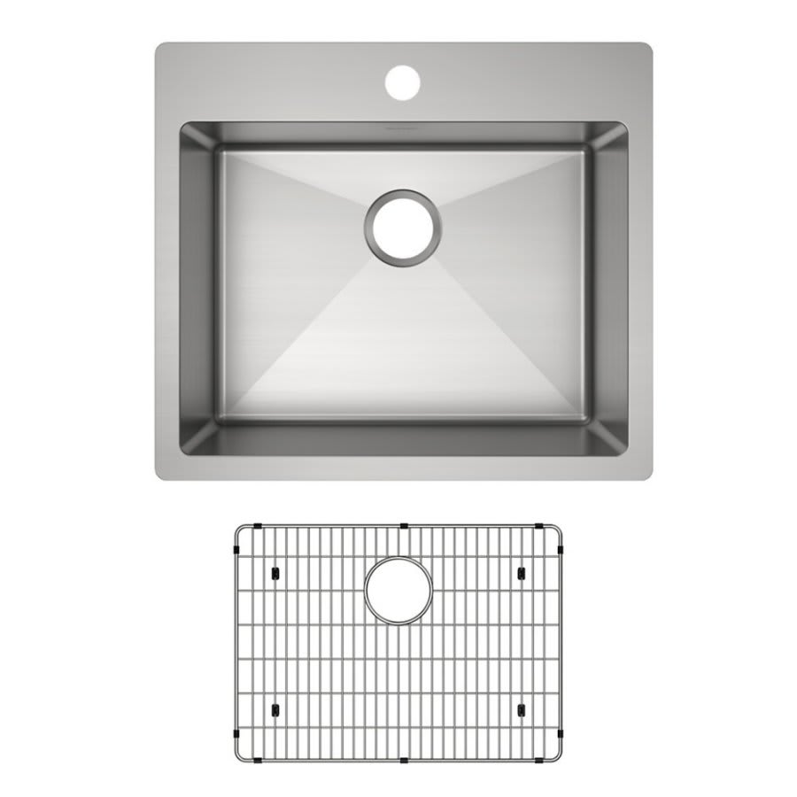 Crosstown® Single Bowl Kitchen Sink, Top/Under Mount, 25 x 22 in, 9 in Bowl Depth, 1-Hole, 18 ga Polished Satin Steel, Stainless