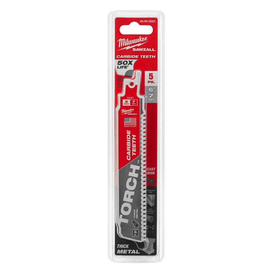 SAWZALL® The Torch™ Carbide Tip Reciprocating Saw Blade, 6 in L, 7 tpi, 0.05 in THK, 5-Pack