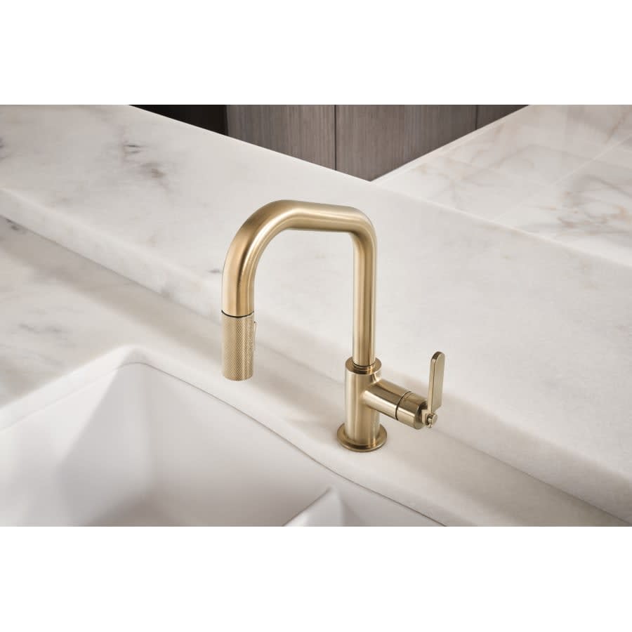 Litze Single Handle Angled Spout Pull Down Kitchen Faucet with Industrial Handle - Limited Lifetime Warranty