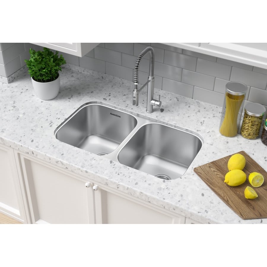 Double Bowl Kitchen Sink, Under Mount, 32 x 18-1/2 in, 8 in Bowl Depth, 18 ga Satin Steel, Stainless
