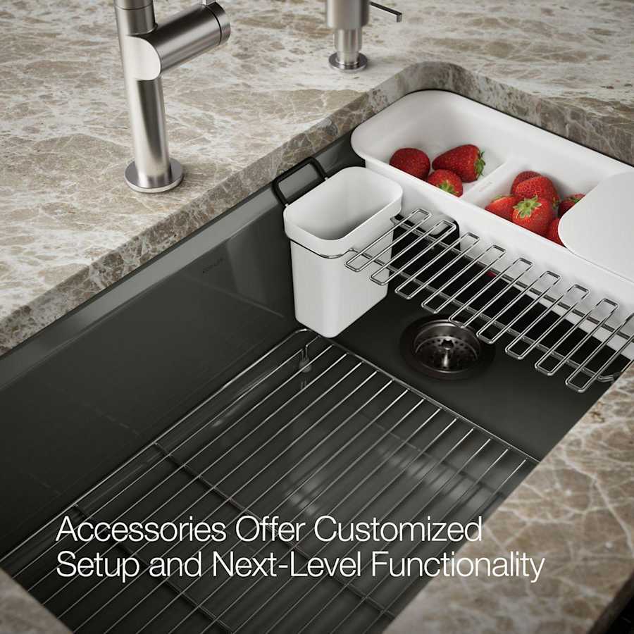 Riverby 33" Undermount Single Basin Enameled Cast Iron Workstation Kitchen Sink with Utility Rack, Sink Rack and Colander, and Intregral Cutting Board