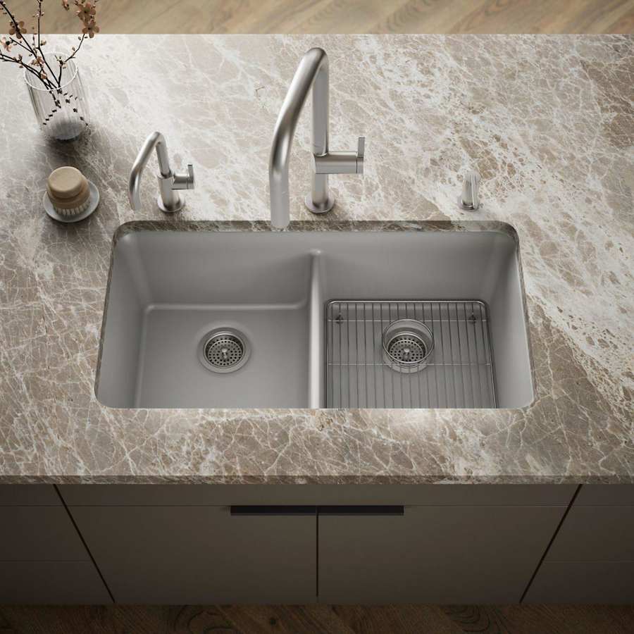 Cairn 33-1/2" Undermount Double Equal Bowl Neoroc Granite Composite Kitchen Sink with Right Sink Rack Included