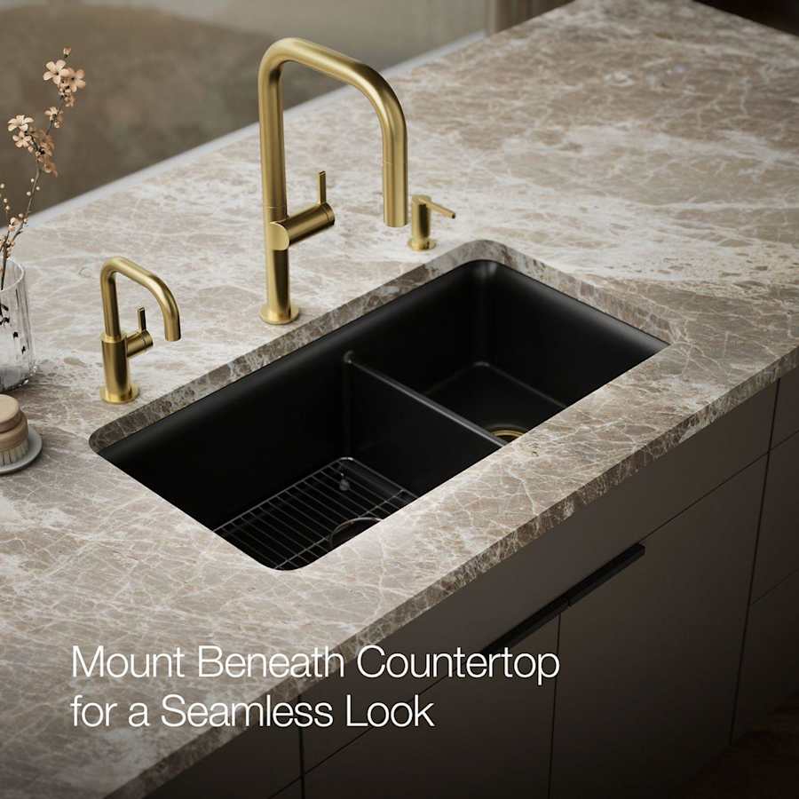 Cairn Slim Divide 33-1/2" Undermount Double Bowl Neoroc Granite Composite Kitchen Sink with Large Bowl Sink Rack