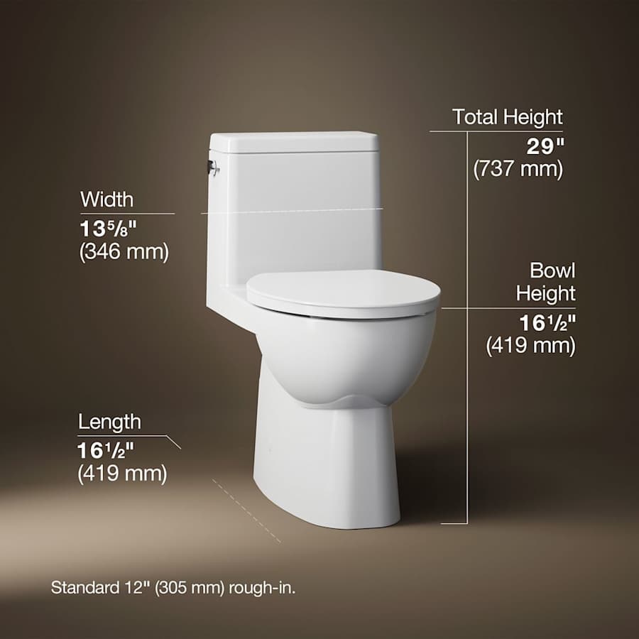Reach 1.28 GPF One-Piece Compact Elongated Chair Height Toilet with Skirted Trapway and Left Hand Trip Lever - Seat Included