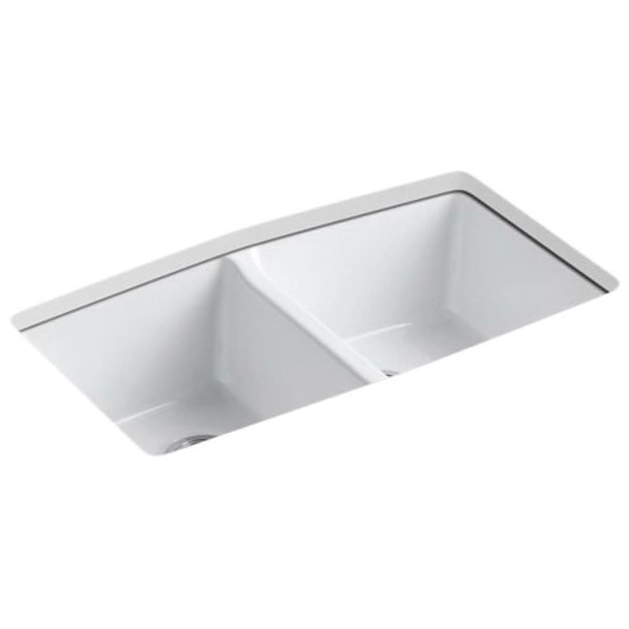 Brookfield™ Double Bowl Kitchen Sink, Under Mount, 33 x 22 in, 9 in Bowl Depth, 5-Hole, Cast Iron, White