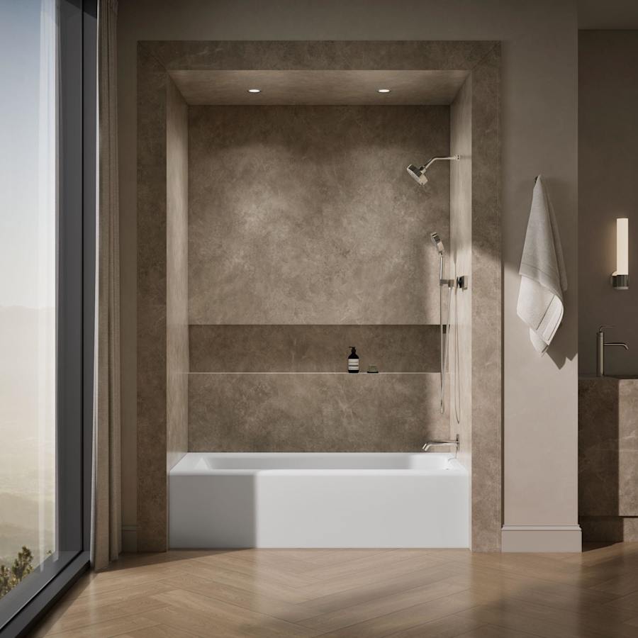 Bellwether Bath Tub 66" L x 32" W Cast Iron Soaking for Three Wall Alcove Installations with Integral Apron and Right Drain