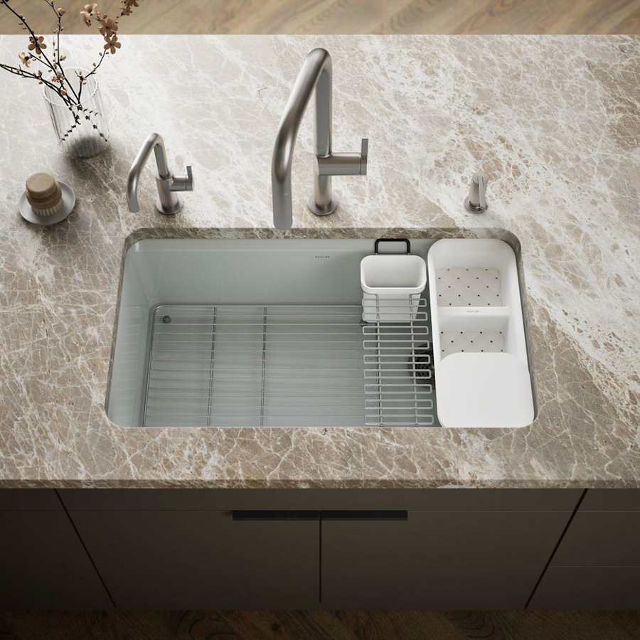 Riverby 33" Undermount Single Basin Enameled Cast Iron Workstation Kitchen Sink with Utility Rack, Sink Rack and Colander, and Intregral Cutting Board