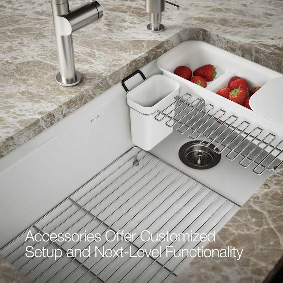 Riverby 33" Undermount Single Basin Enameled Cast Iron Workstation Kitchen Sink with Utility Rack, Sink Rack and Colander, and Intregral Cutting Board