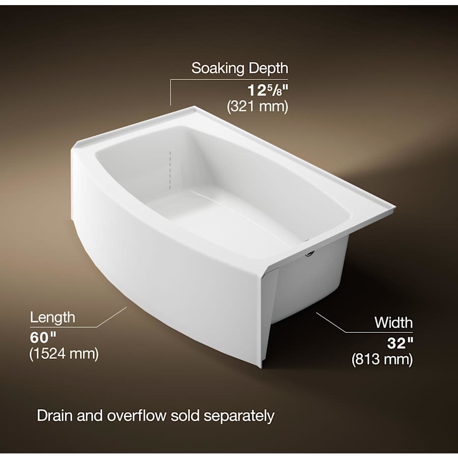 Expanse Collection 60" Three Wall Alcove Curved Integral Apron Bath Tub with Right Hand Drain