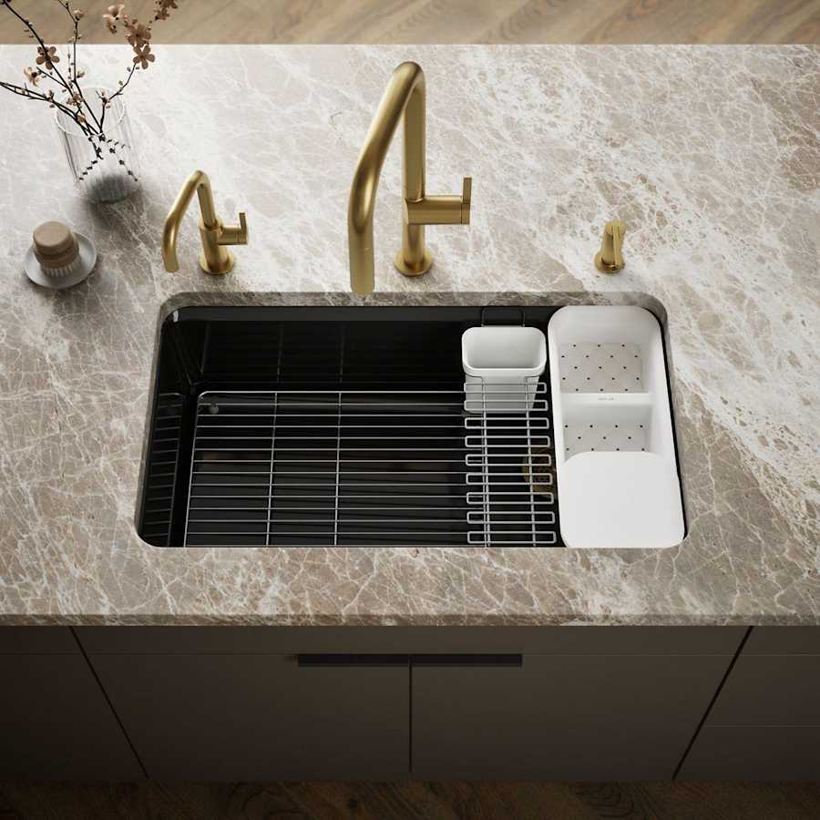 Riverby 33" Undermount Single Basin Enameled Cast Iron Workstation Kitchen Sink with Utility Rack, Sink Rack and Colander, and Intregral Cutting Board