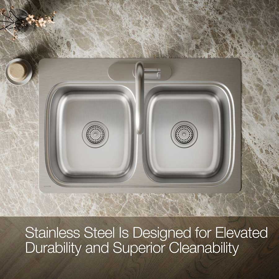 Verse 33" Double Basin Drop In Stainless Steel Kitchen Sink With Three Faucet Holes