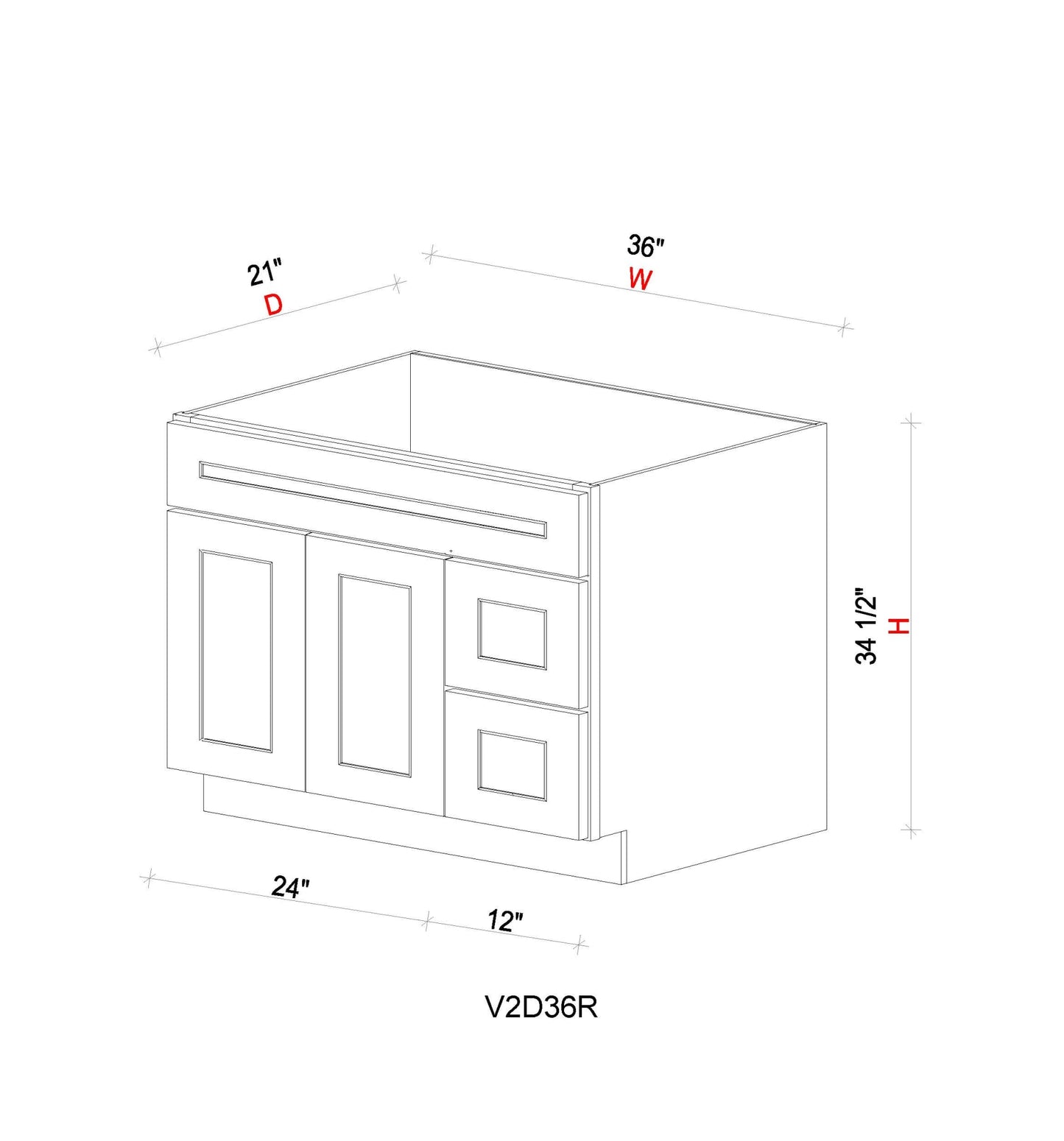 Vanity Sink Base Cabinet with Drawers Right - 36"W * 34- 1/2"H * 21"D