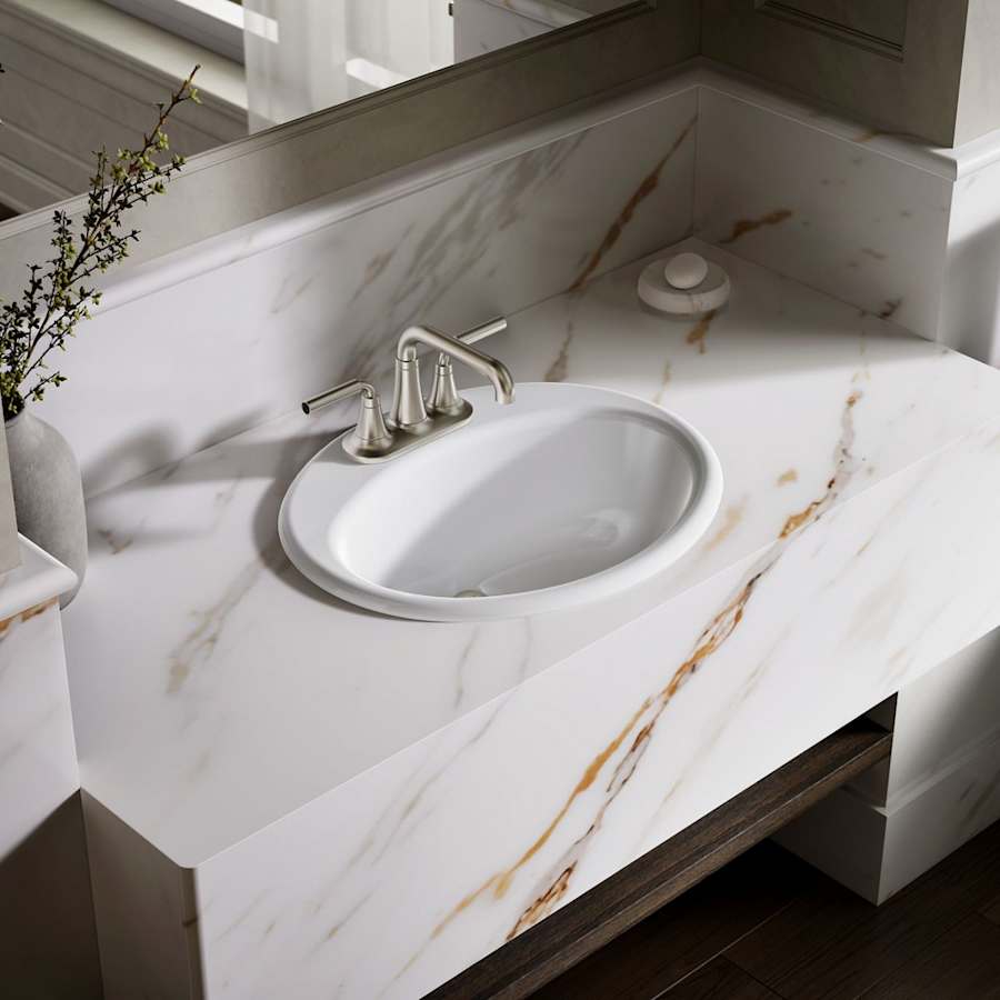 Farmington 19-1/4" Oval Cast Iron Drop In Bathroom Sink with Overflow and 3 Faucet Holes at 4" Centers