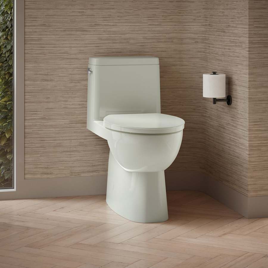 Reach 1.28 GPF One-Piece Compact Elongated Chair Height Toilet with Skirted Trapway and Left Hand Trip Lever - Seat Included