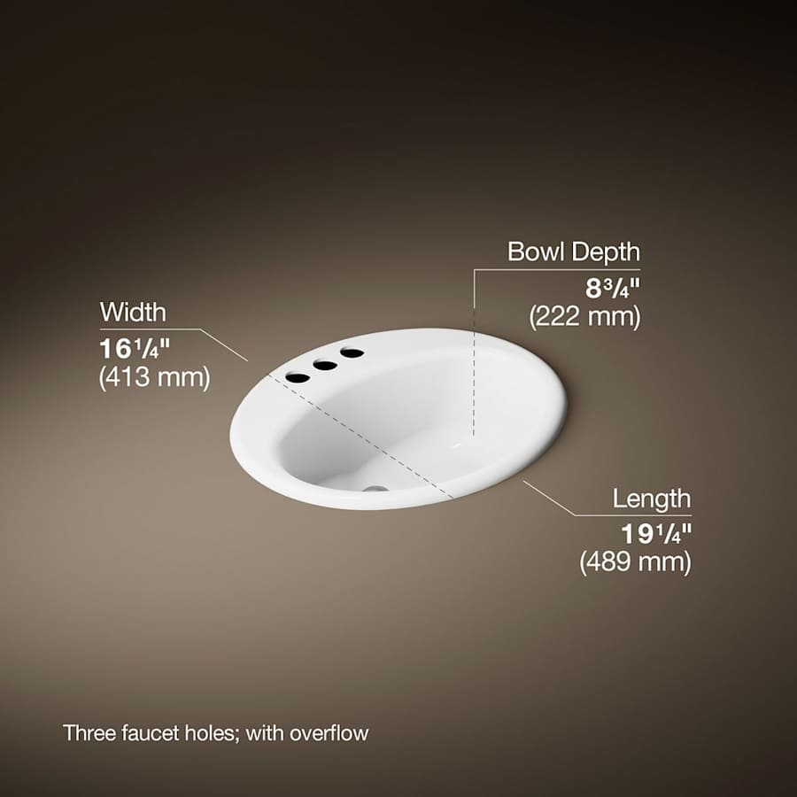Farmington 19-1/4" Oval Cast Iron Drop In Bathroom Sink with Overflow and 3 Faucet Holes at 4" Centers