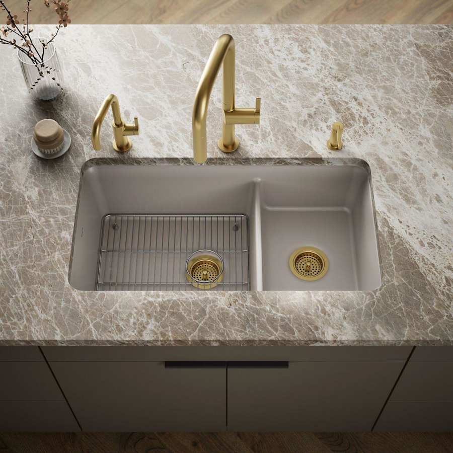 Cairn Slim Divide 33-1/2" Undermount Double Bowl Neoroc Granite Composite Kitchen Sink with Large Bowl Sink Rack