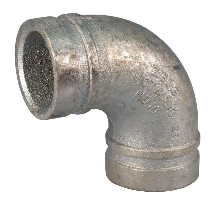 90 deg Elbow, 1-1/2 in, Groove, Ductile Iron, Galvanized