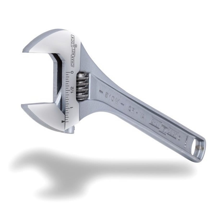 10 in, Adjustable Wrench, Wide, Chrome