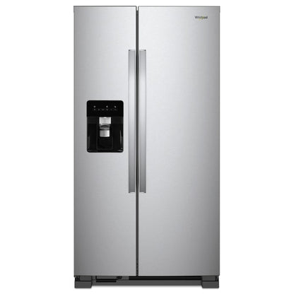 Whirlpool 4 Piece Kitchen Appliances Package with Side-by-Side Refrigerator, Electric Range, Dishwasher, and Over the Range Microwave in Fingerprint Resistant Stainless Steel