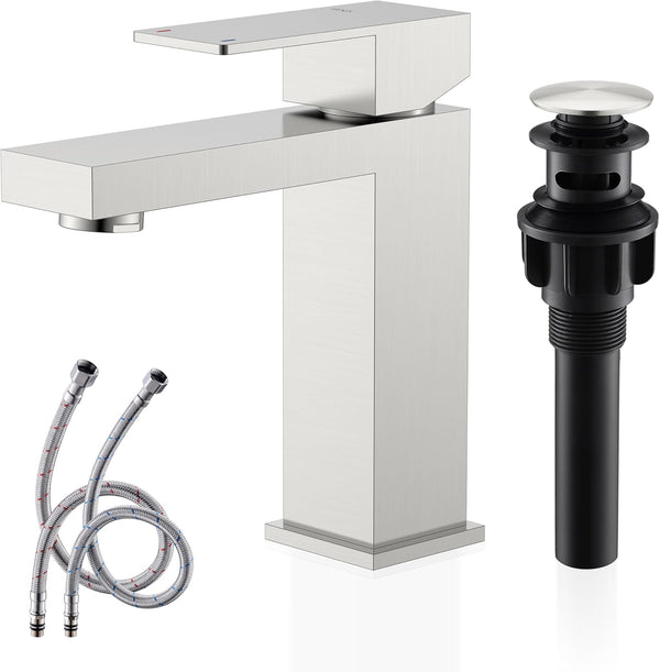 Single Handle Bathroom Sink Faucet, Brushed Nickel Vanity Faucet for Bathroom Sink, with Pop Up Drain Stopper & Water Supply Lines