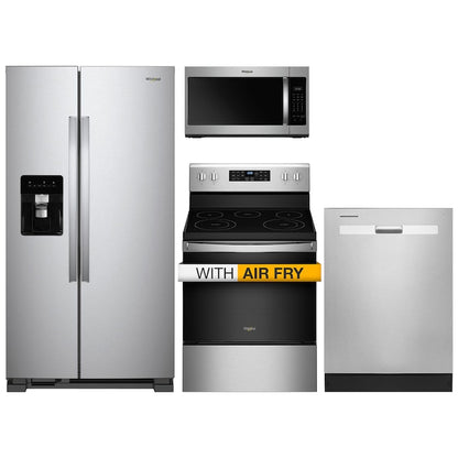 Whirlpool 4 Piece Kitchen Appliances Package with Side-by-Side Refrigerator, Electric Range, Dishwasher, and Over the Range Microwave in Fingerprint Resistant Stainless Steel