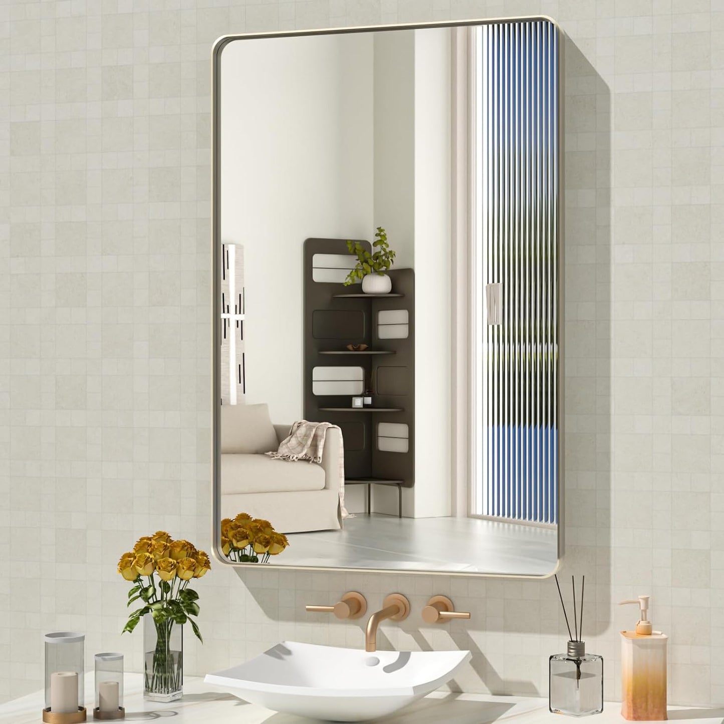 24x36 Inch Brushed Nickel Bathroom Mirror, Brushed Silver Metal Frame Mirror, Rounded Rectangle Silver Bathroom Vanity Mirror, Tempered Glass, Anti-Rust, Hangs Horizontally or Vertically