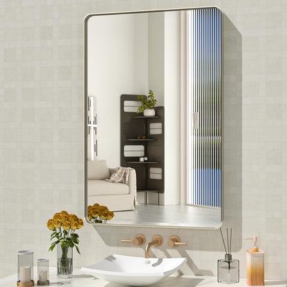 24x36 Inch Brushed Nickel Bathroom Mirror, Brushed Silver Metal Frame Mirror, Rounded Rectangle Silver Bathroom Vanity Mirror, Tempered Glass, Anti-Rust, Hangs Horizontally or Vertically